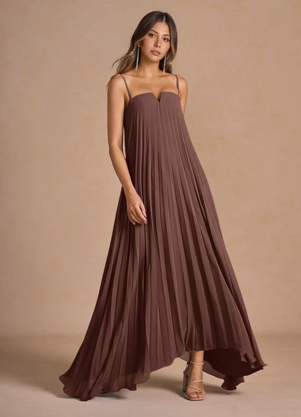 Mocha Floor-Length Strapless Pleated High-Low Wedding Guest Dress