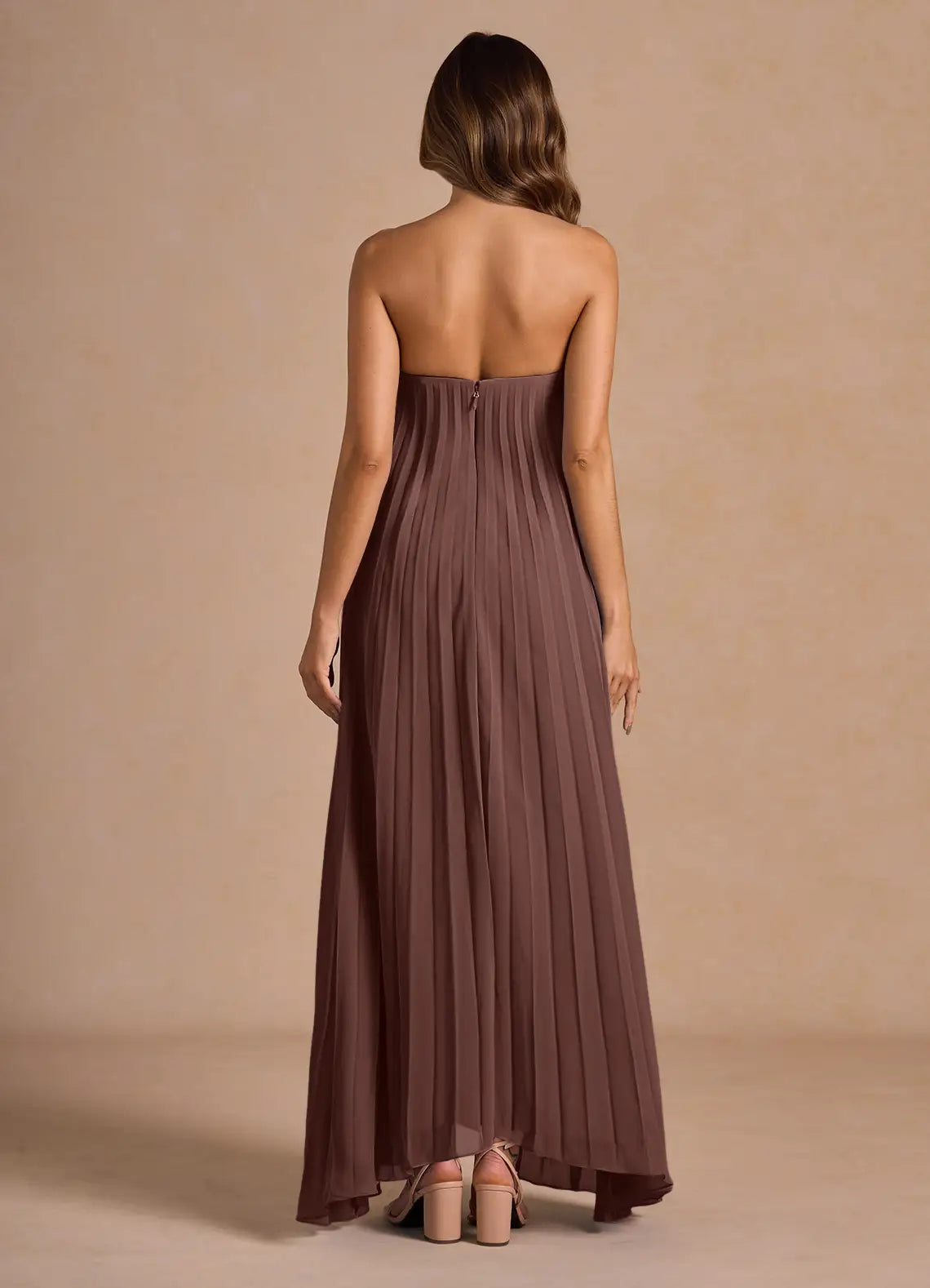 Mocha Floor-Length Strapless Pleated High-Low Wedding Guest Dress