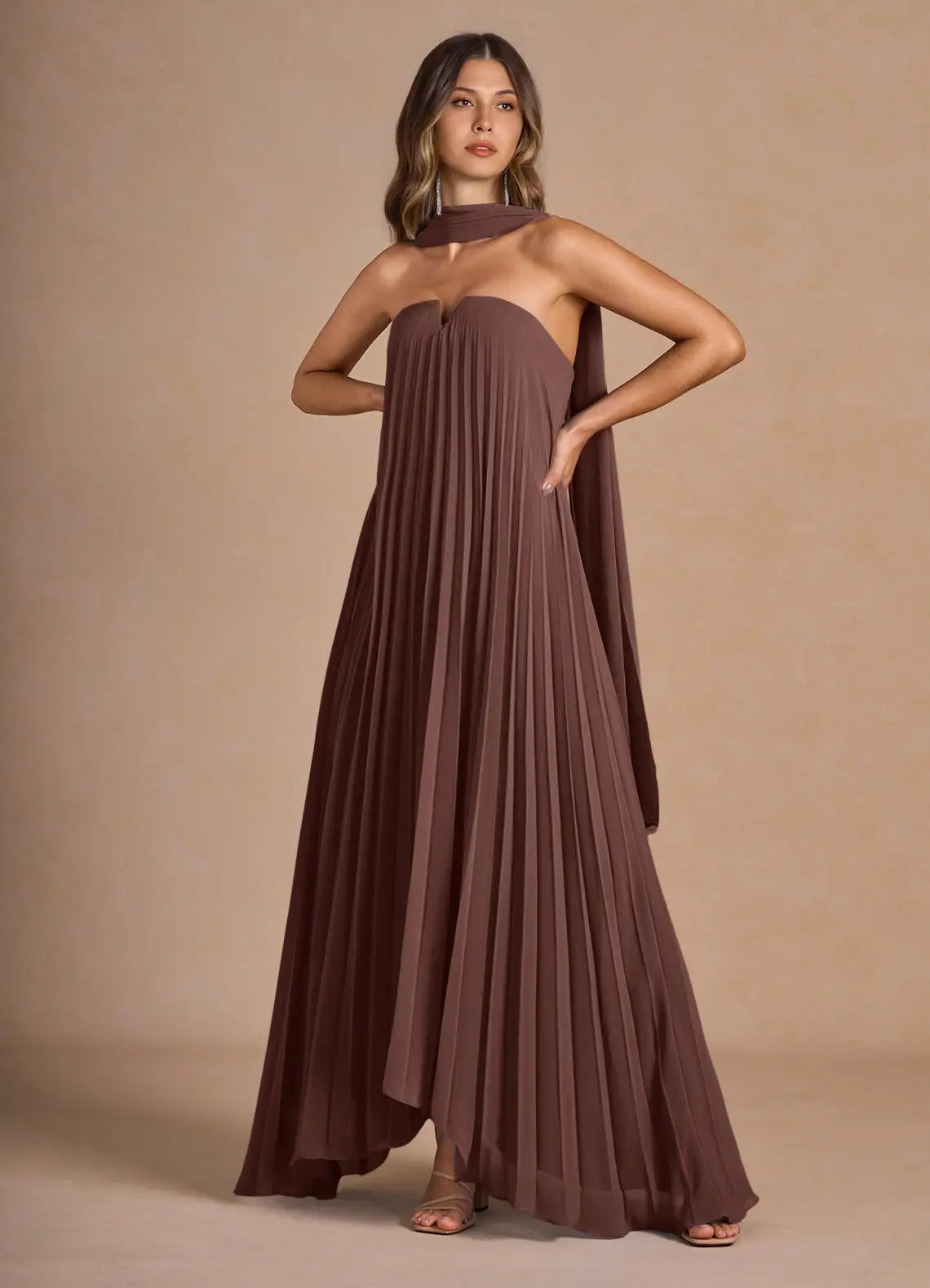 Mocha Floor-Length Strapless Pleated High-Low Wedding Guest Dress