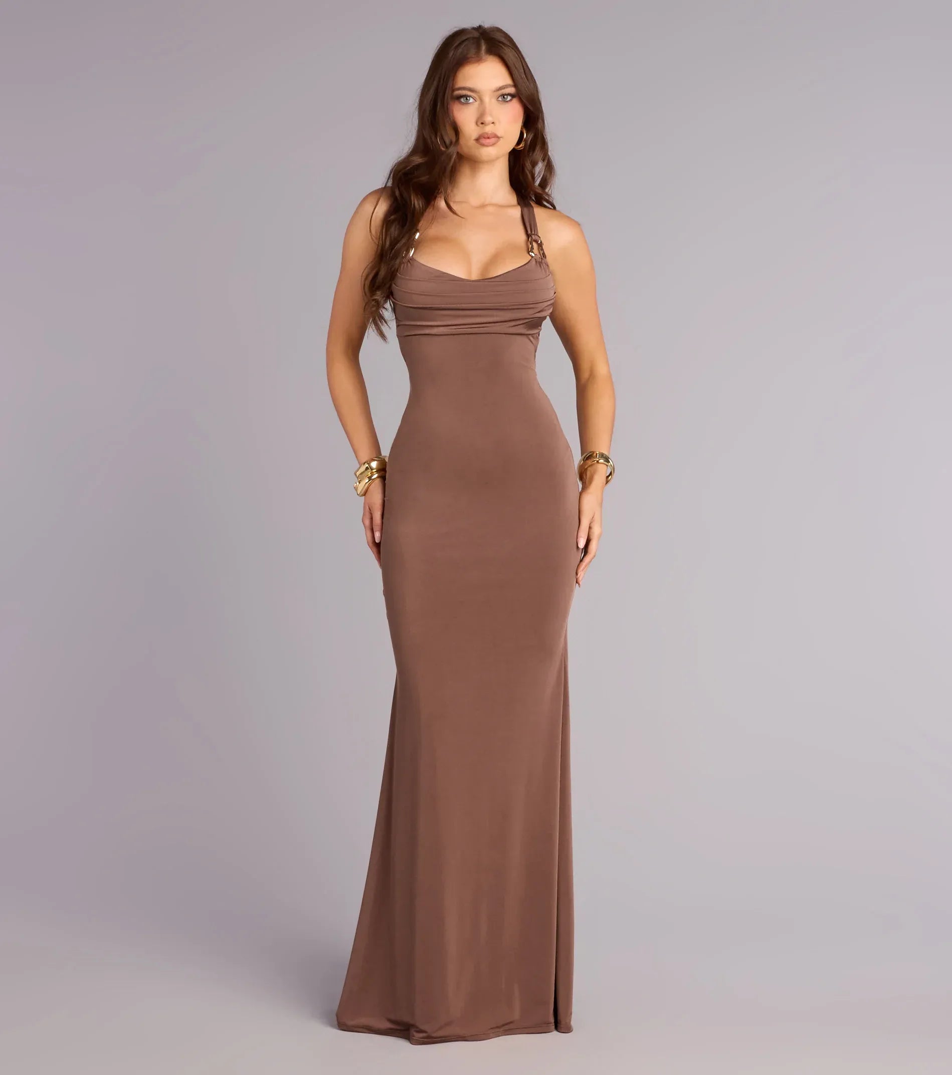Mocha Hardware Strap Cross Back Tie Mermaid Maxi Wedding Guest Dress