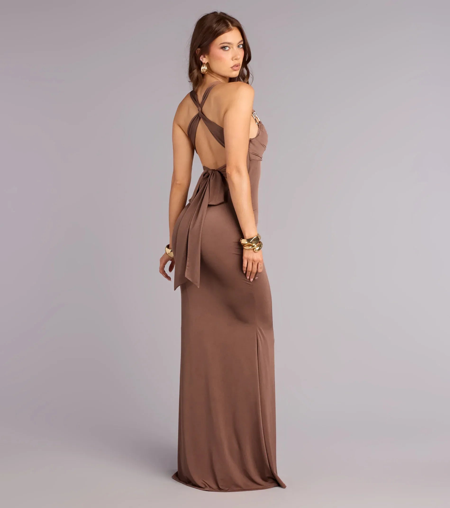 Mocha Hardware Strap Tie-Back Mermaid Maxi Wedding Guest Dress