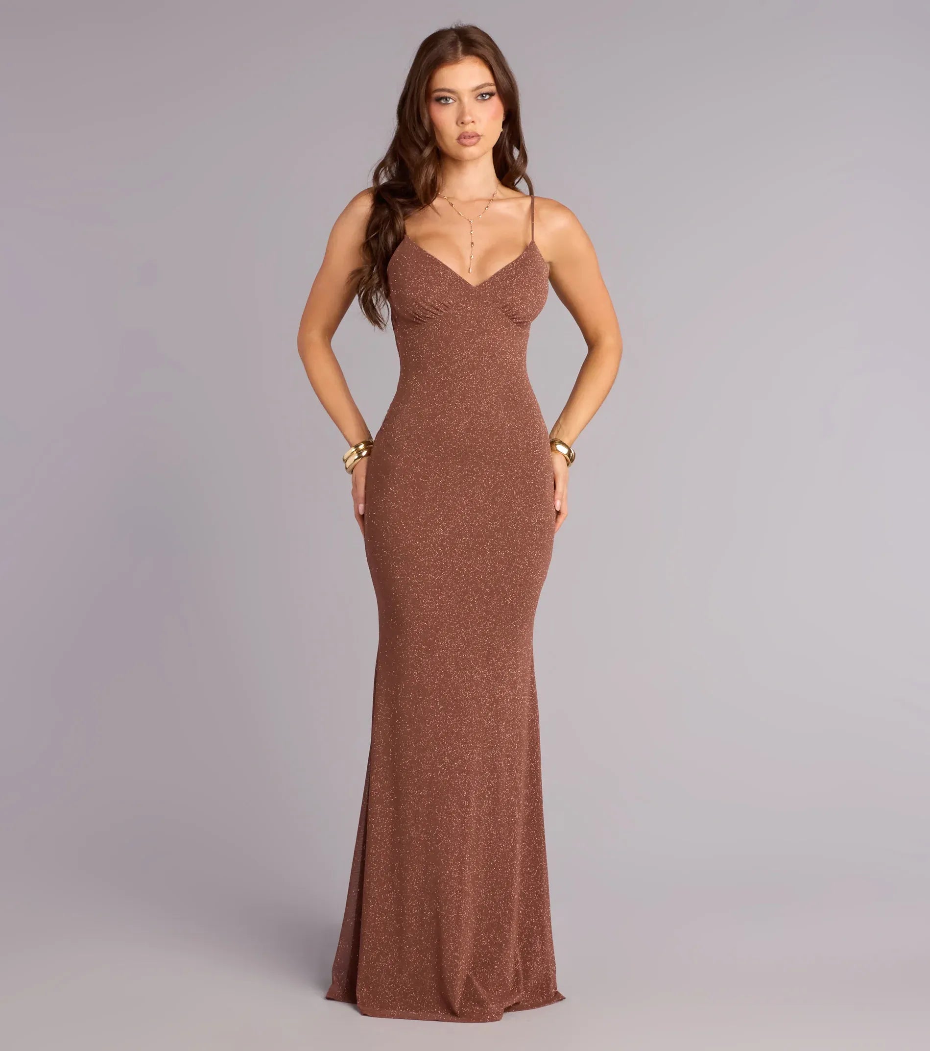 Mocha Spaghetti Strap Low Back Ruched Ruffle Glitter Mermaid Maxi Wedding Guest Dress