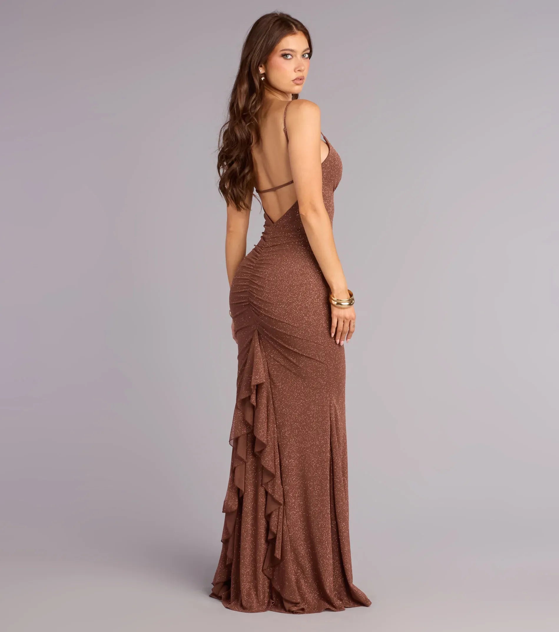 Mocha Spaghetti Strap Low Back Ruched Ruffle Glitter Mermaid Maxi Wedding Guest Dress