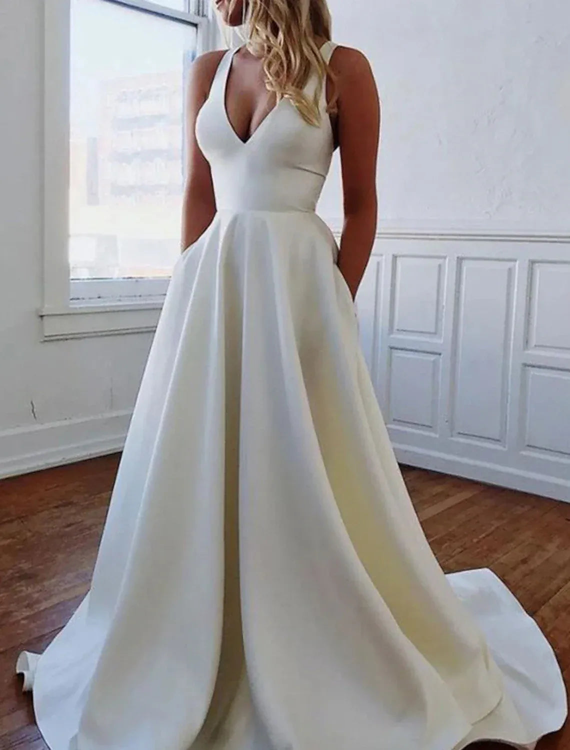 Modern A-Line Plunge V Wide Strap Cutout Bow Back Train Wedding Dress