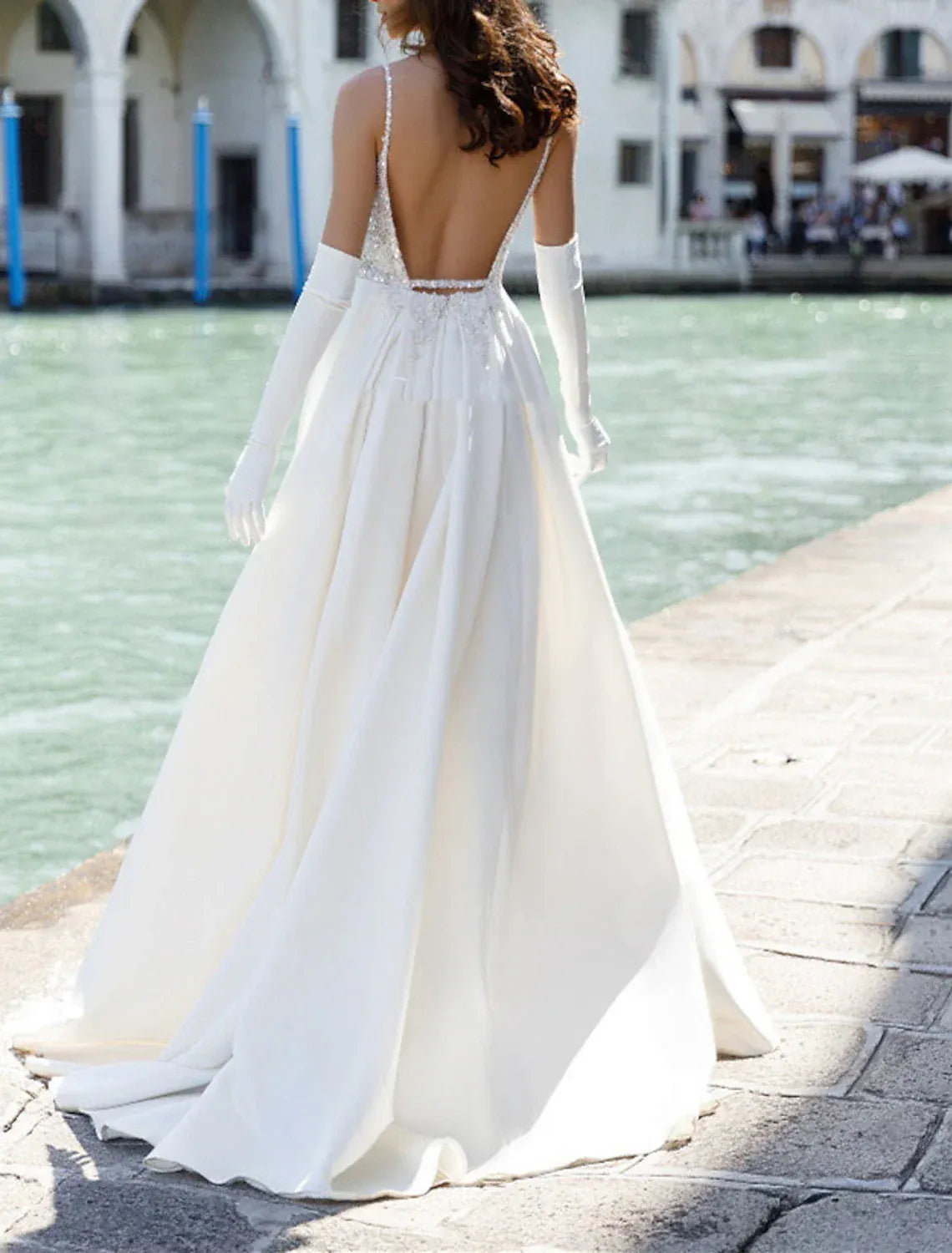 Modern A-Line Spaghetti Strap Beaded Deep V Low Back High Slit Satin Wedding Dress