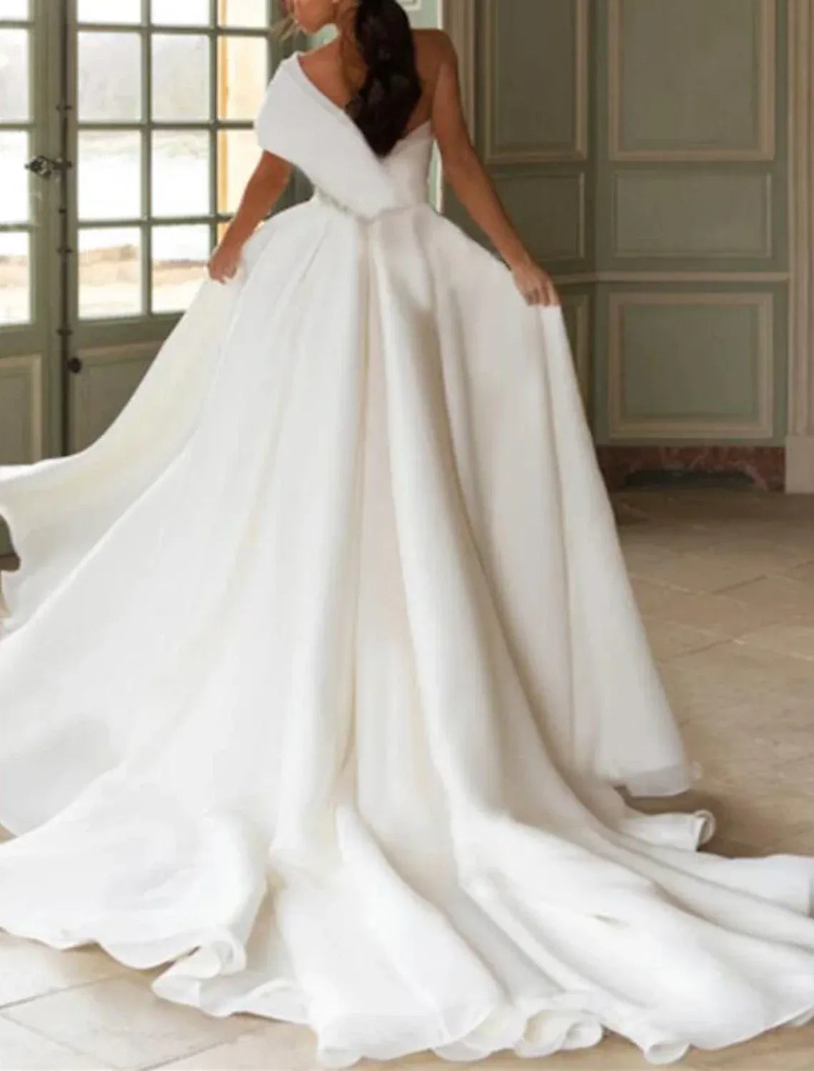 Modern Draped One Shoulder 3D Floral Waist Organza A-Line Wedding Dress With High Thigh Slit Soft Sweep Train