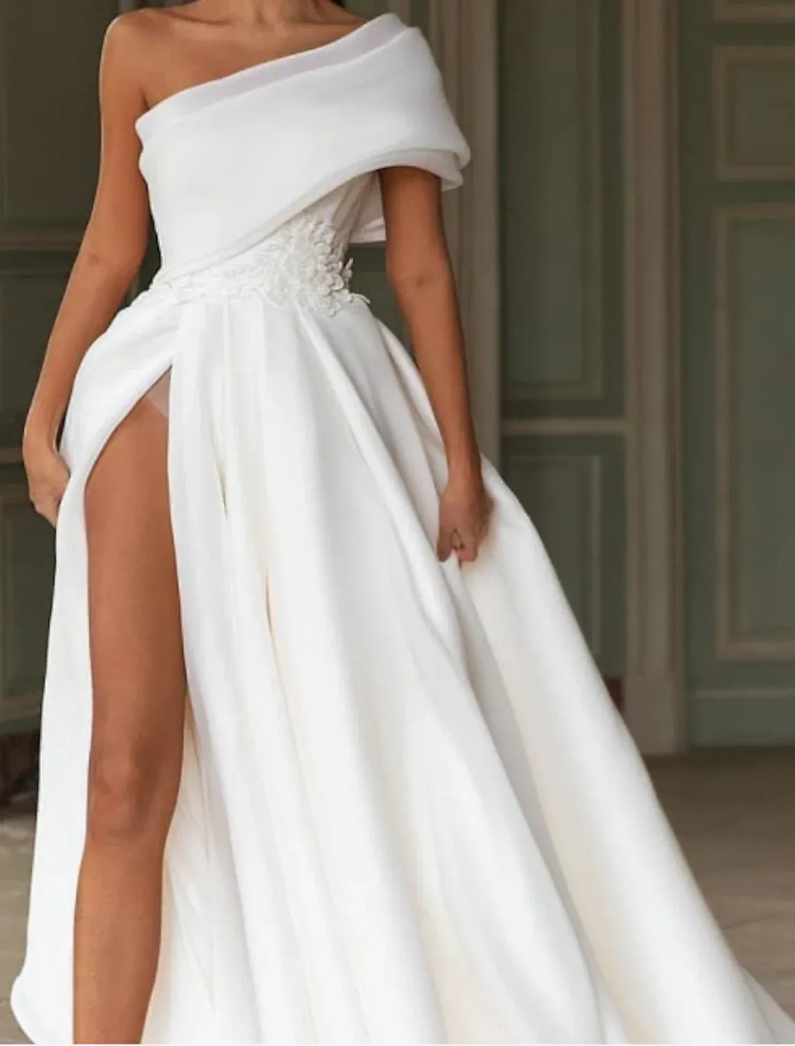 Modern Draped One Shoulder 3D Floral Waist Organza A-Line Wedding Dress With High Thigh Slit Soft Sweep Train