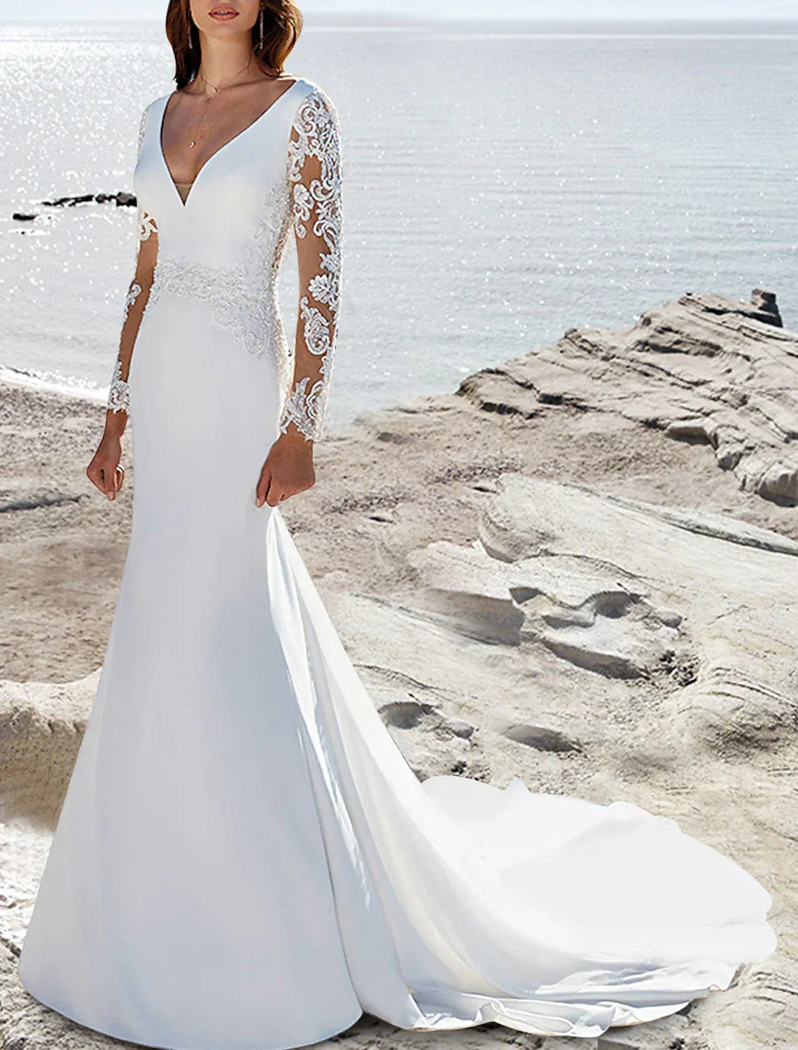 Modern Mermaid Long Sleeve Deep V Lace Illusion Back Chiffon Chapel Train Wedding Dress