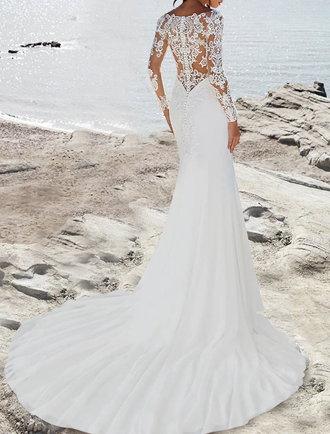 Modern Mermaid Long Sleeve Deep V Lace Illusion Back Chiffon Chapel Train Wedding Dress