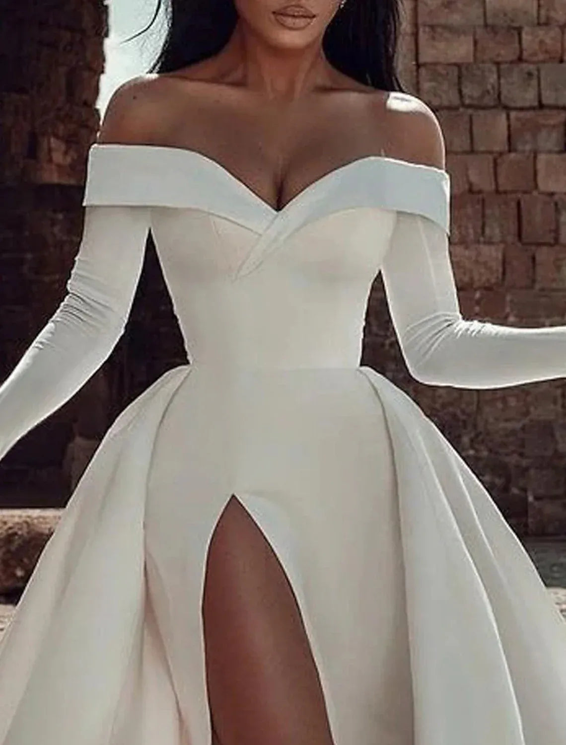 Modern Mermaid Off-Shoulder Long Sleeve High Slit Oversized Skirt Train Satin Wedding Dress