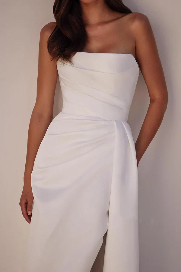 Modern Mermaid Strapless Sleeveless Plain-Back High-Slit Floor-Length Wedding Dresses For Urban Elopement