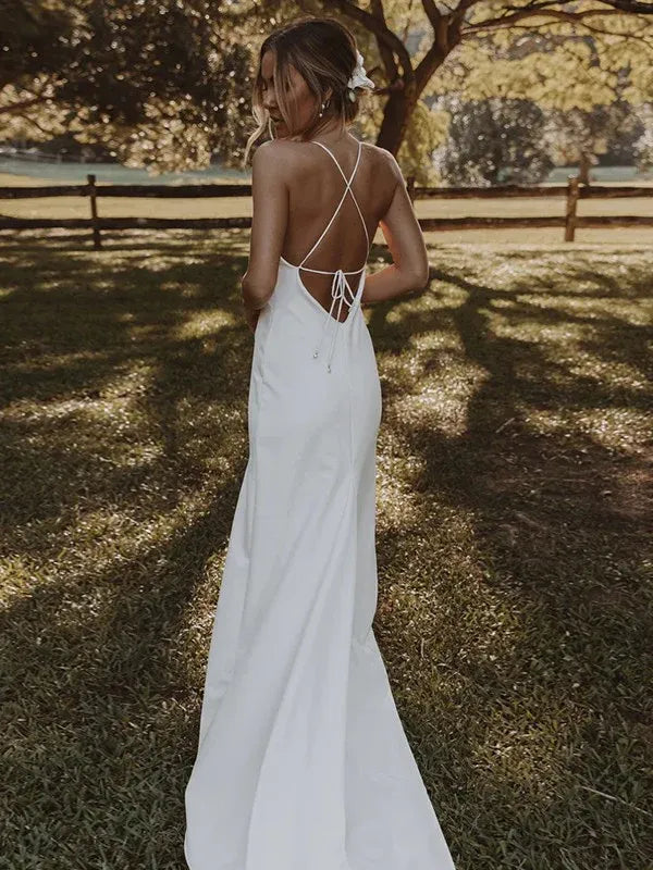 Modern Minimalist Mermaid Deep‑V Spaghetti‑Strap Crisscross‑Tie‑Back High‑Slit Crepe Wedding Dresses For Backyard Garden Wedding