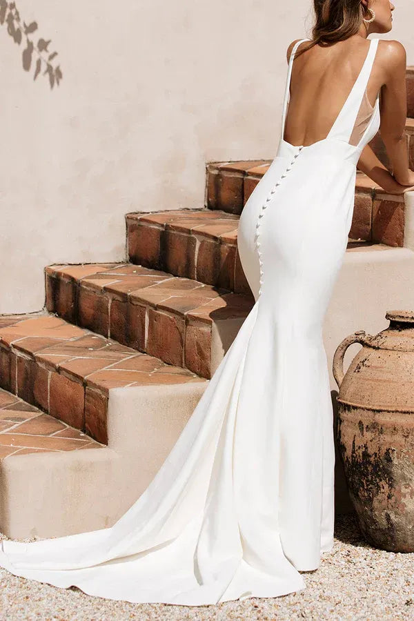 Modern Square-Neck Sleeveless Crepe Mermaid Floor-Length Wedding Dress