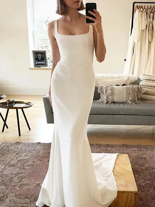Modern Straight Square Wide Strap Matte Crepe Mermaid Wedding Dress With Low Square Back Pearl Button Court Train