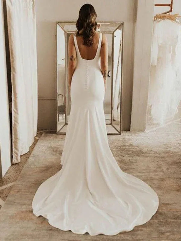 Modern Straight Square Wide Strap Matte Crepe Mermaid Wedding Dress With Low Square Back Pearl Button Court Train