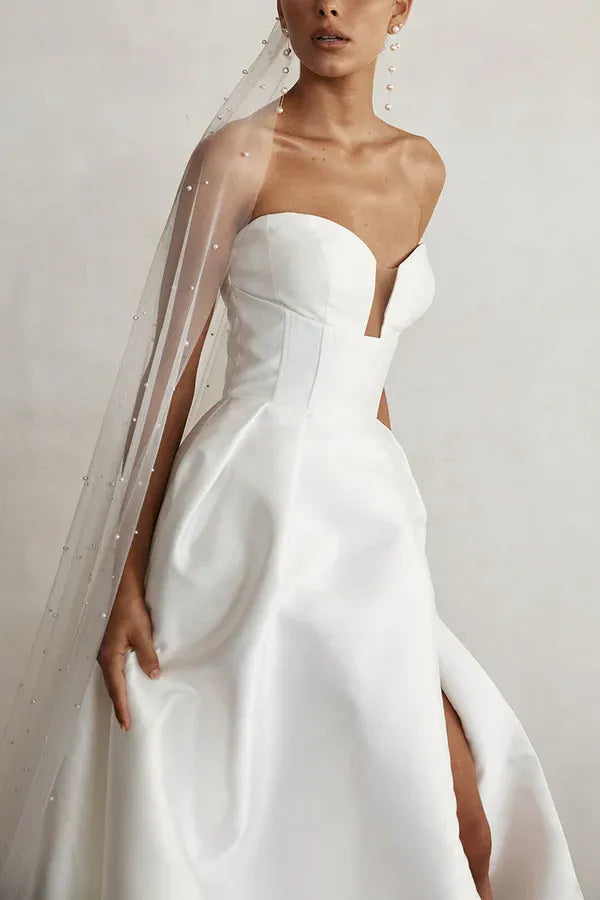 Enchanting A-Line V-Neck Sleeveless Keyhole Floor-Length Wedding Dress