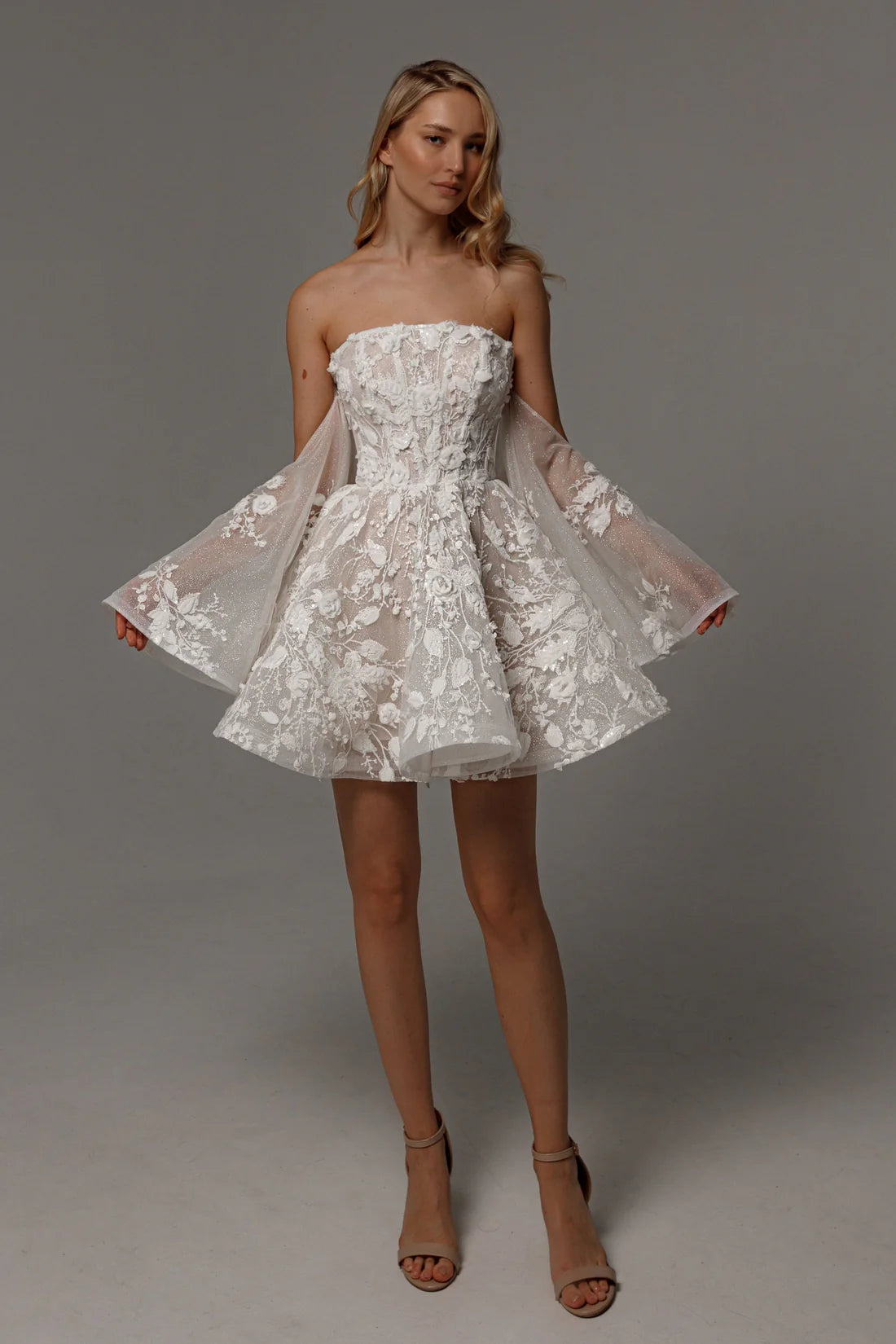 Modern A Line Off the Shoulder Detachable Sleeves Lace Up Short Mini Wedding Dress