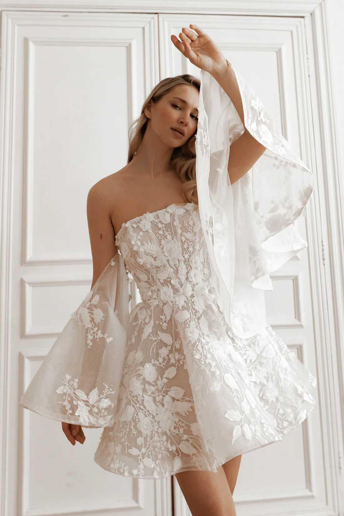 Modern A Line Off the Shoulder Detachable Sleeves Lace Up Short Mini Wedding Dress