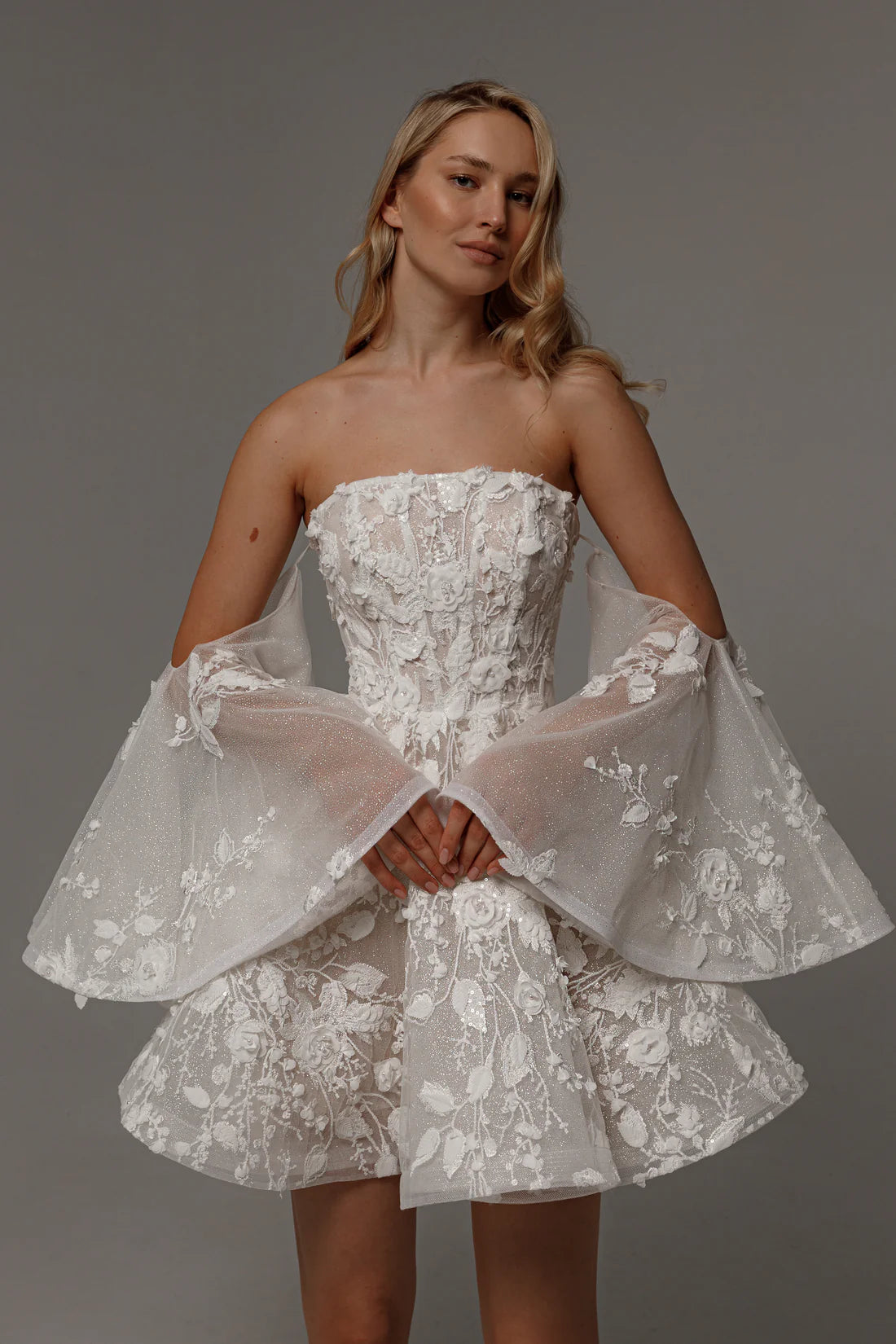 Modern A Line Off the Shoulder Detachable Sleeves Lace Up Short Mini Wedding Dress