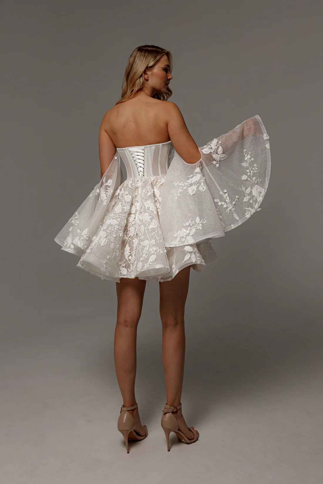 Modern A Line Off the Shoulder Detachable Sleeves Lace Up Short Mini Wedding Dress