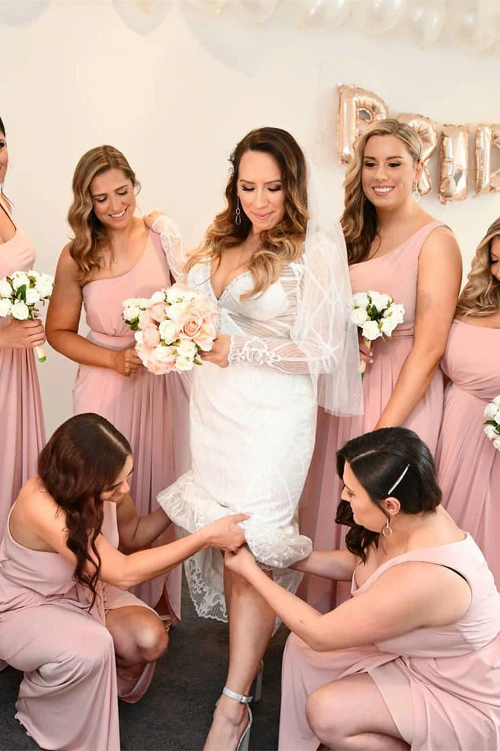 Modern Column One Shoulder Sleeveless Backless Floor-Length Bridesmaid Dress