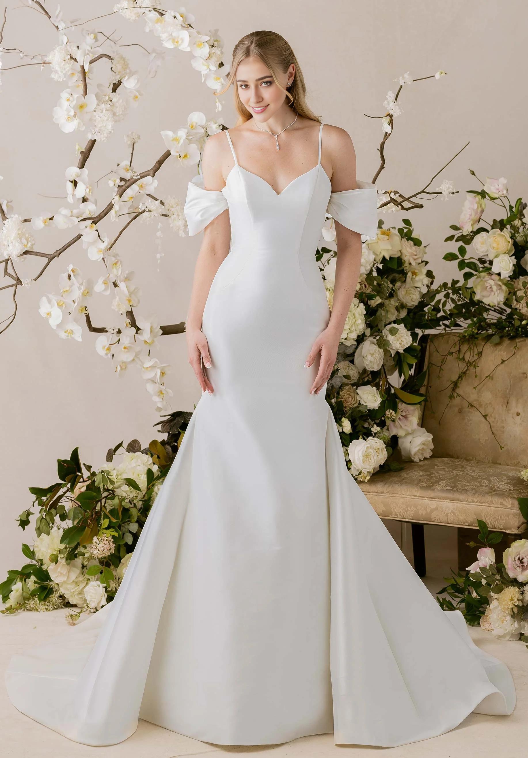 Modern Off-the-Shoulder Satin Mermaid Wedding Dress with Bow and Button Back