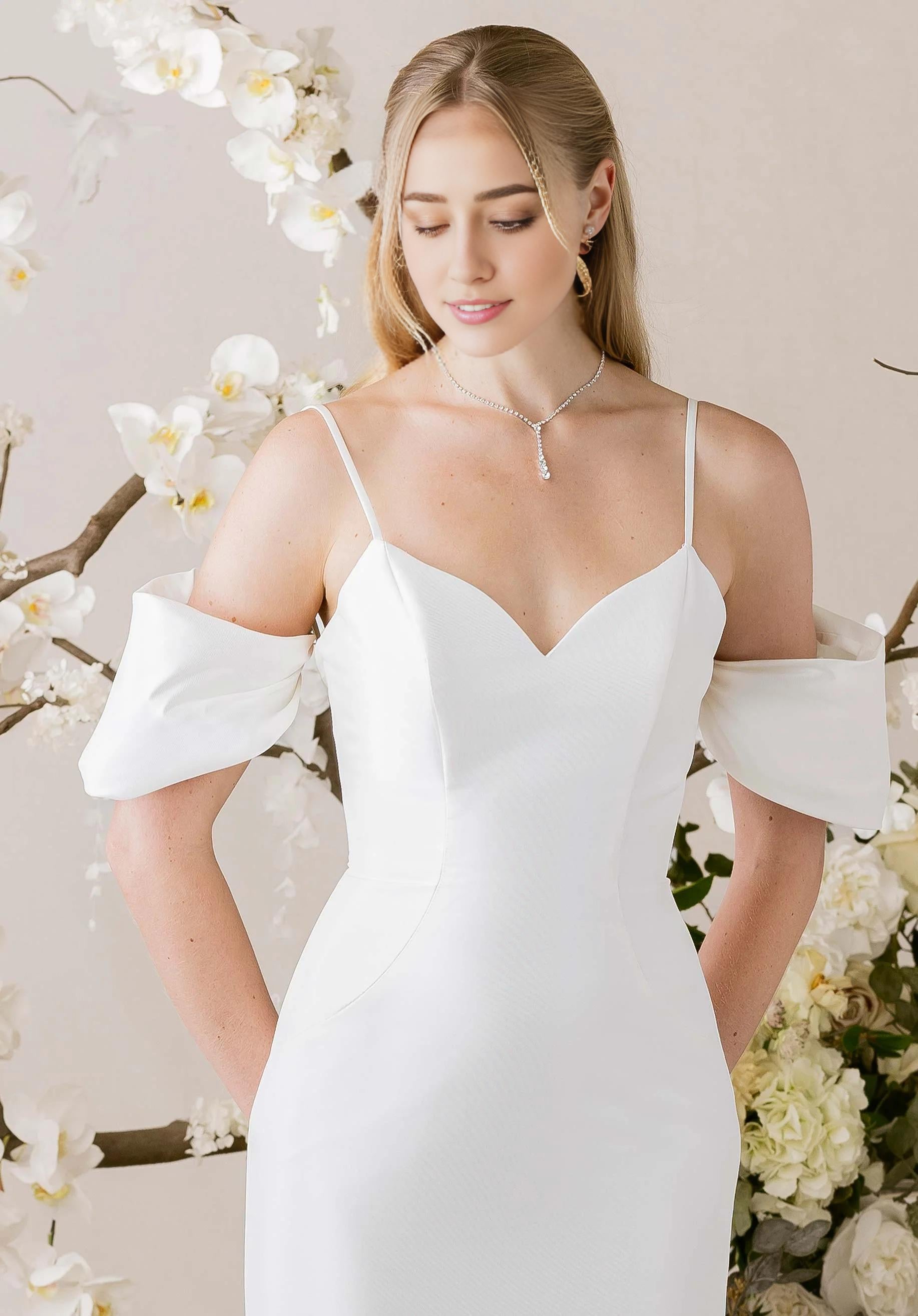 Modern Off-the-Shoulder Satin Mermaid Wedding Dress with Bow and Button Back