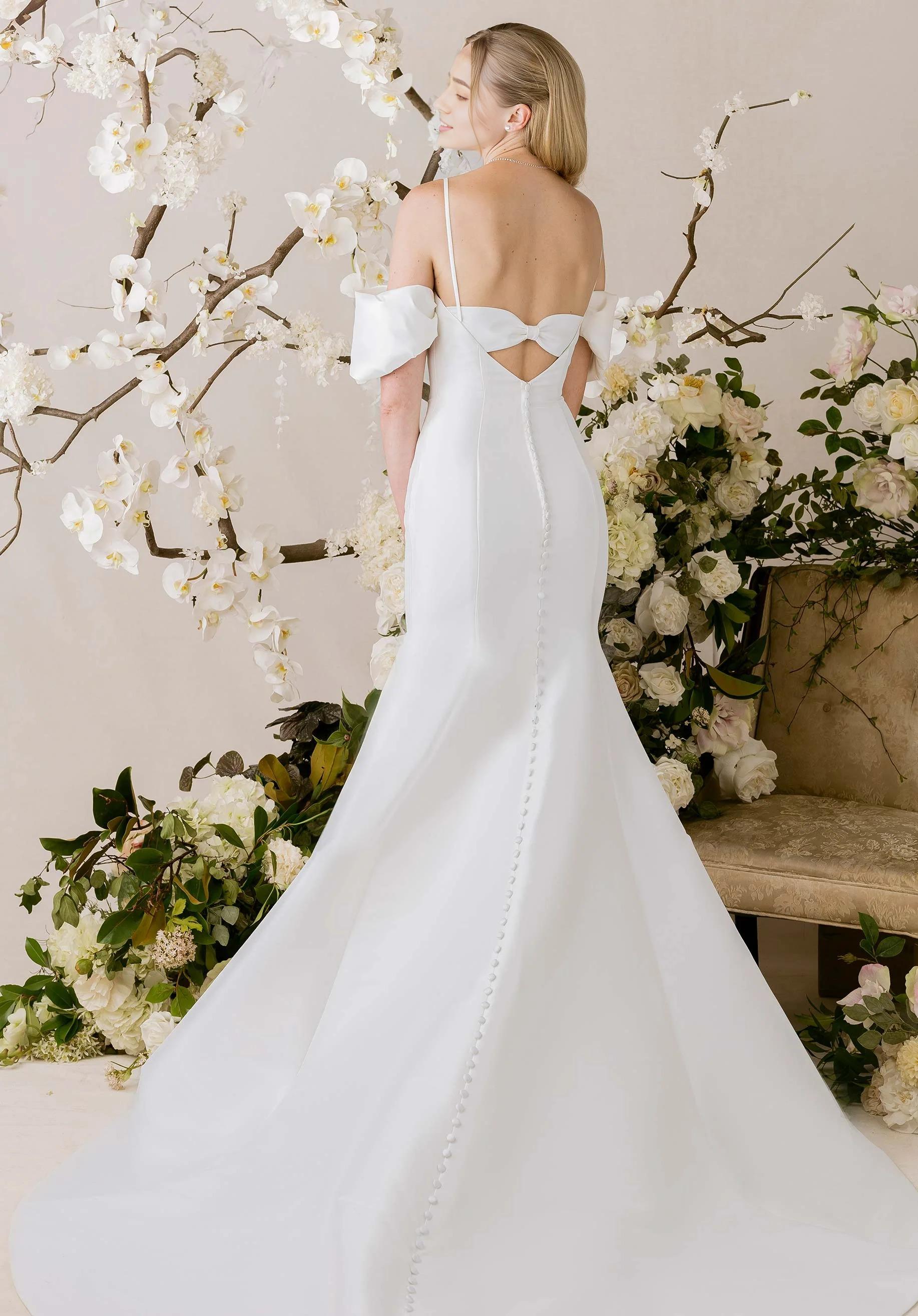 Modern Off-the-Shoulder Satin Mermaid Wedding Dress with Bow and Button Back