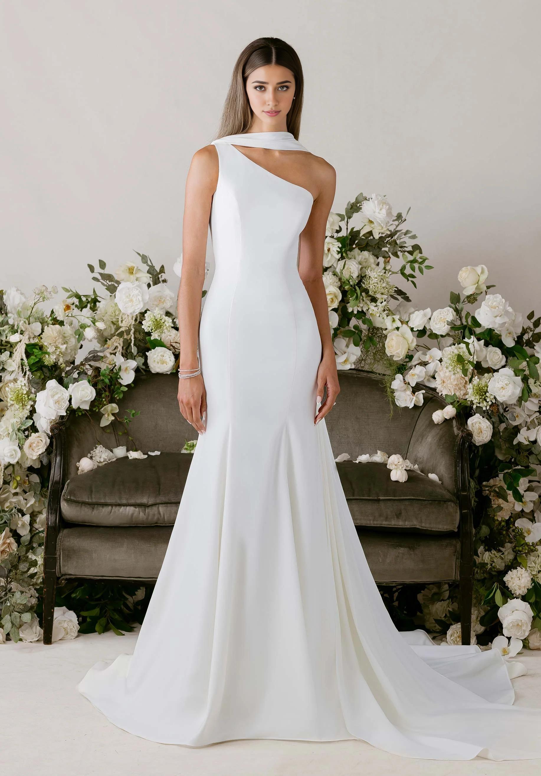 Modern One-Shoulder Crepe Mermaid Wedding Dress with Draped Train Detail