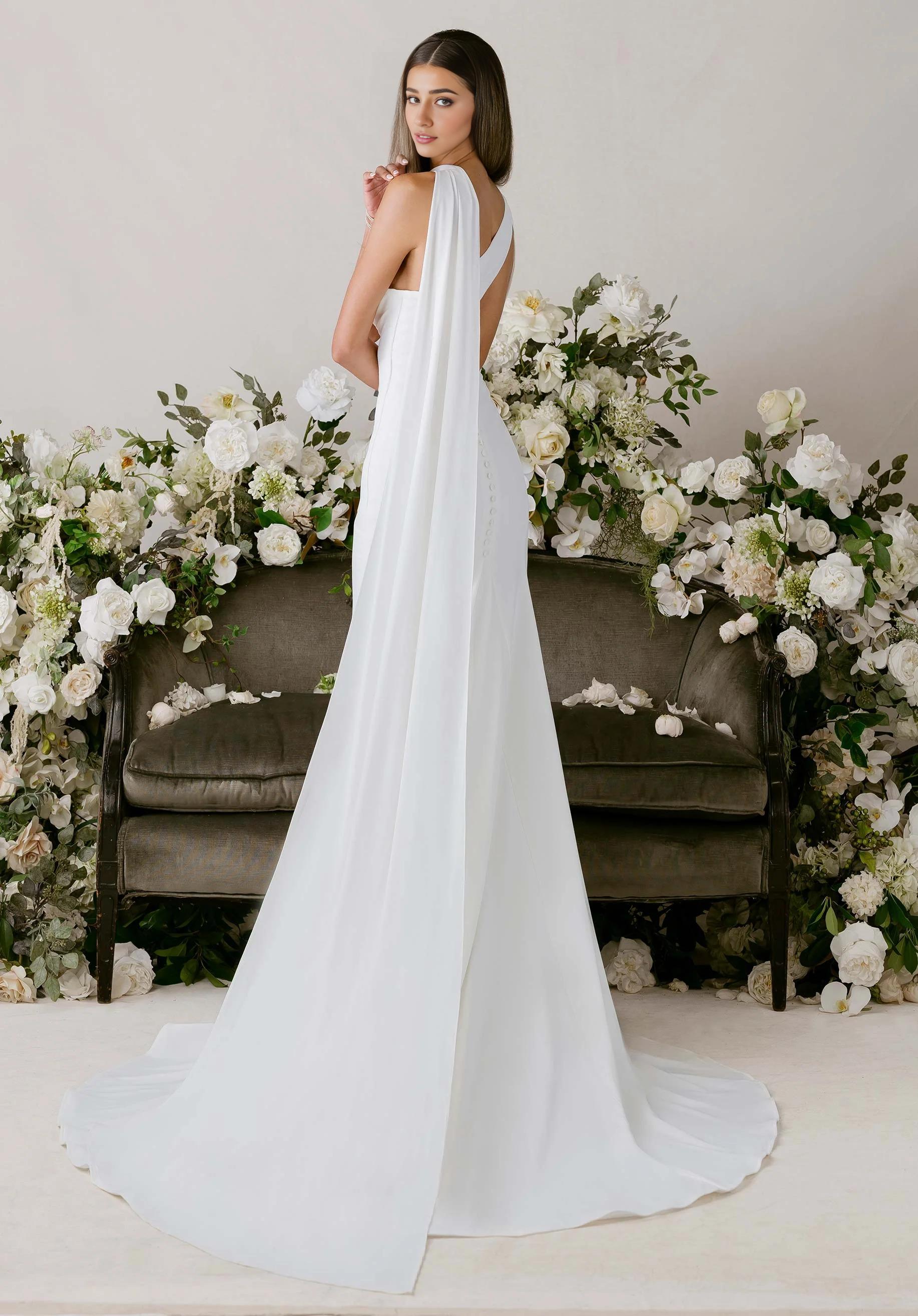 Modern One-Shoulder Crepe Mermaid Wedding Dress with Draped Train Detail