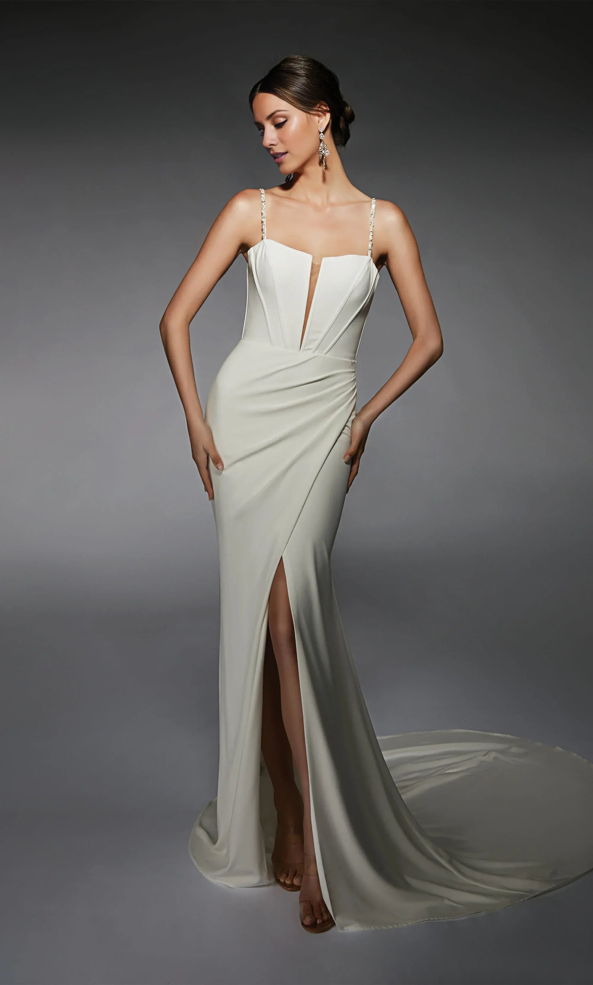 Modern Beaded‑Spaghetti‑Strap Crepe Mermaid Corset‑Front High‑Slit Wedding Dress