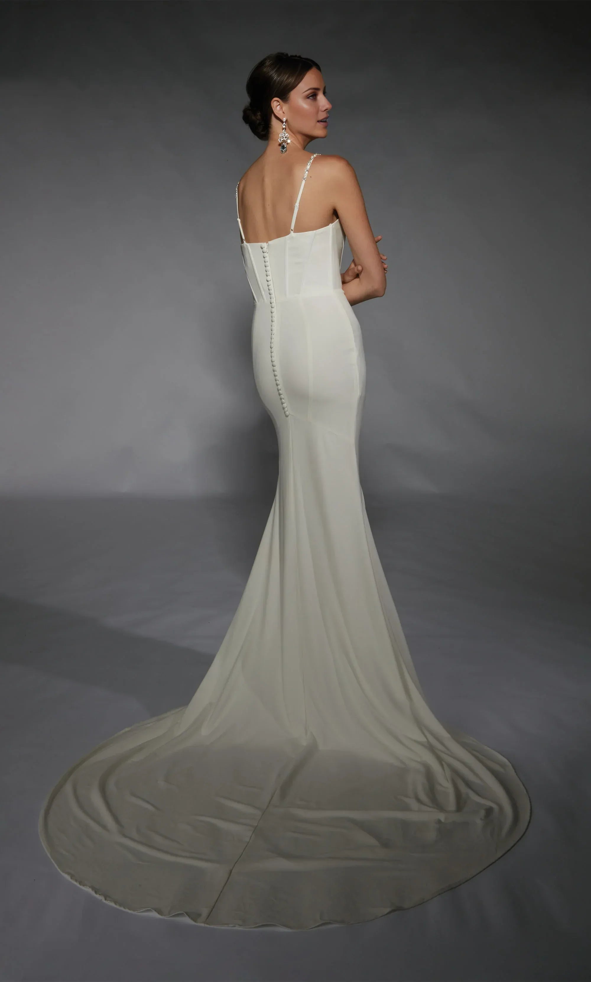 Modern Beaded‑Spaghetti‑Strap Crepe Mermaid Corset‑Front High‑Slit Wedding Dress