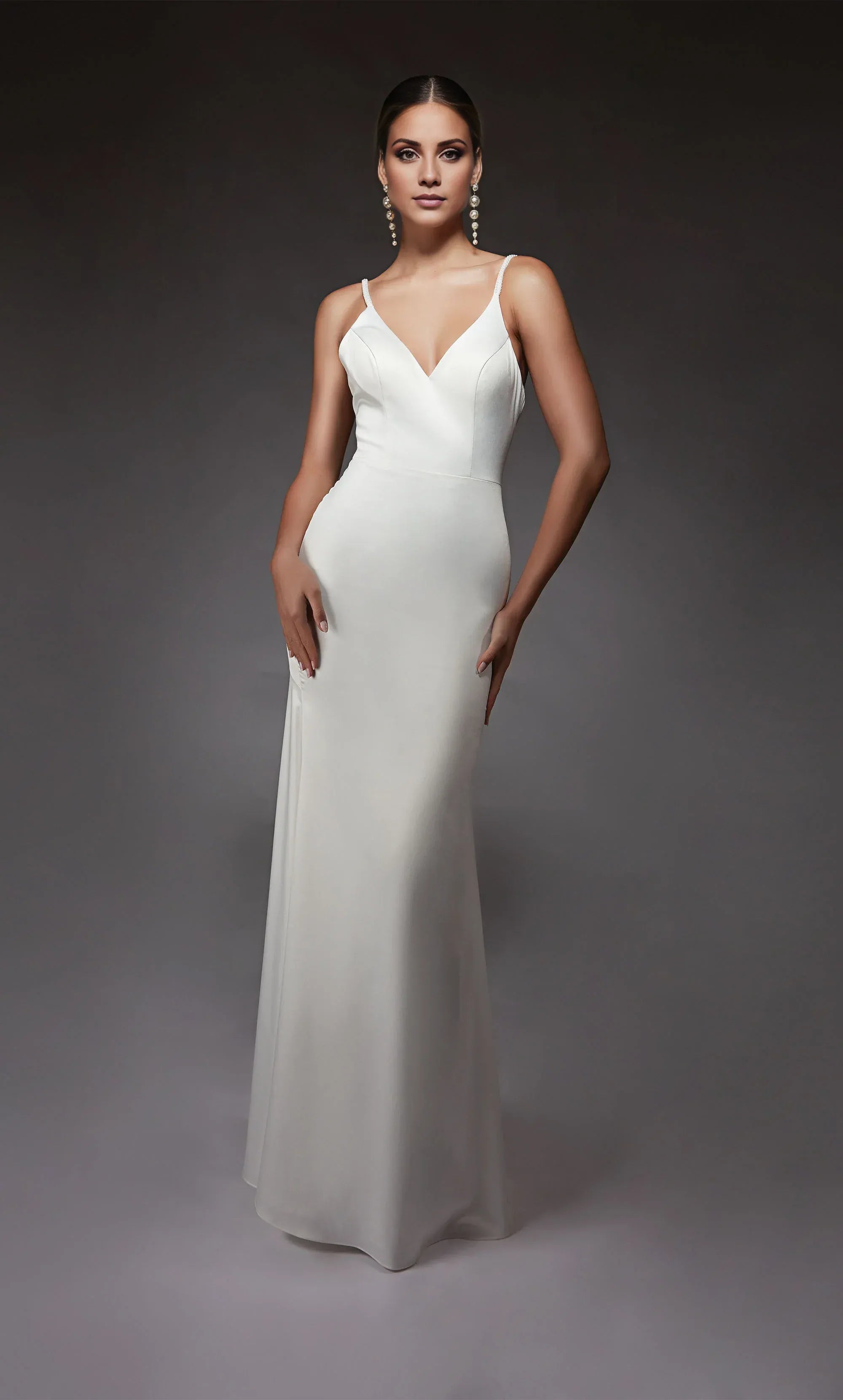 Modern Beaded‑Spaghetti‑Strap Crepe Mermaid Low‑V‑Back Pearl‑Button Wedding Dress