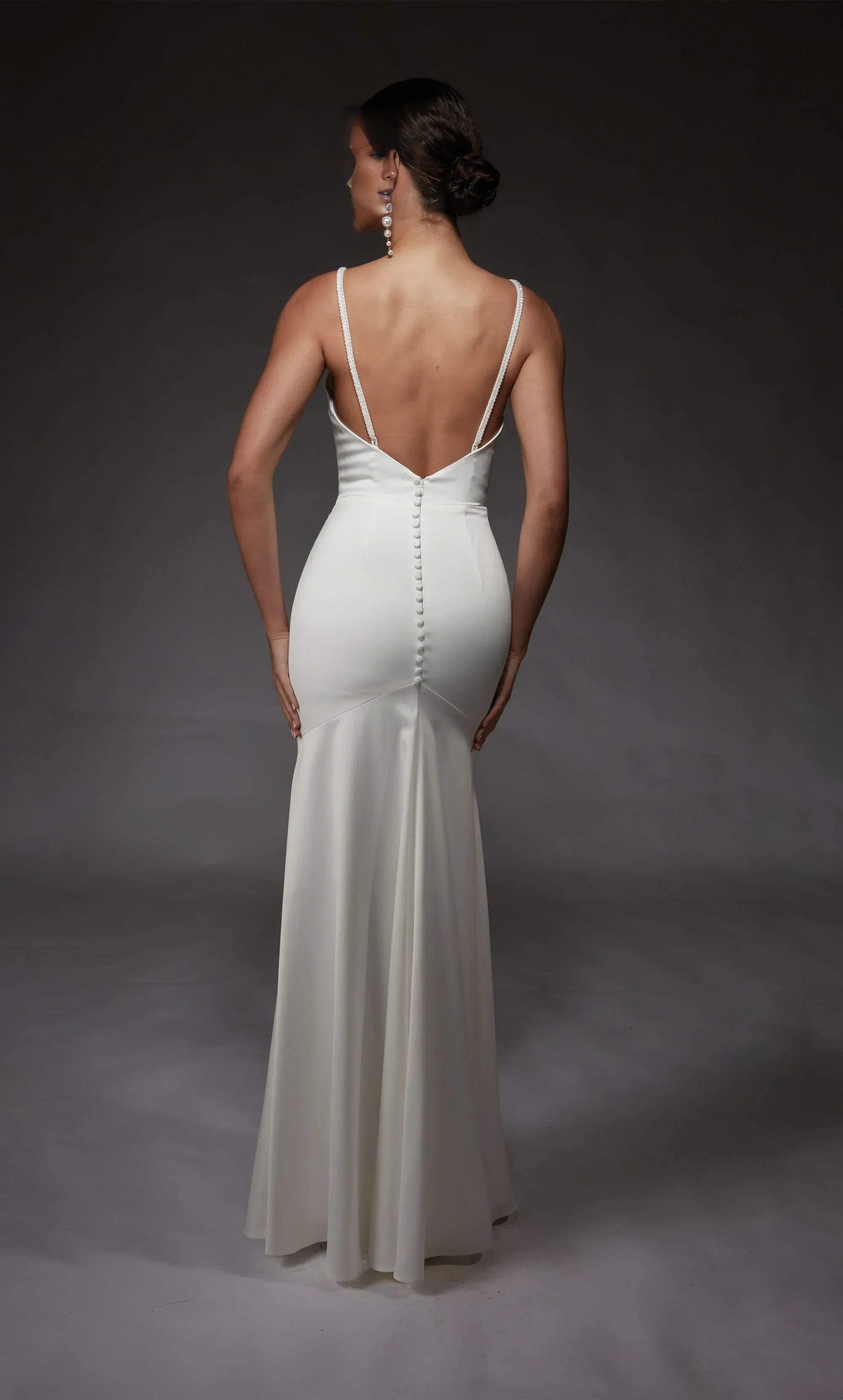 Modern Beaded‑Spaghetti‑Strap Crepe Mermaid Low‑V‑Back Pearl‑Button Wedding Dress