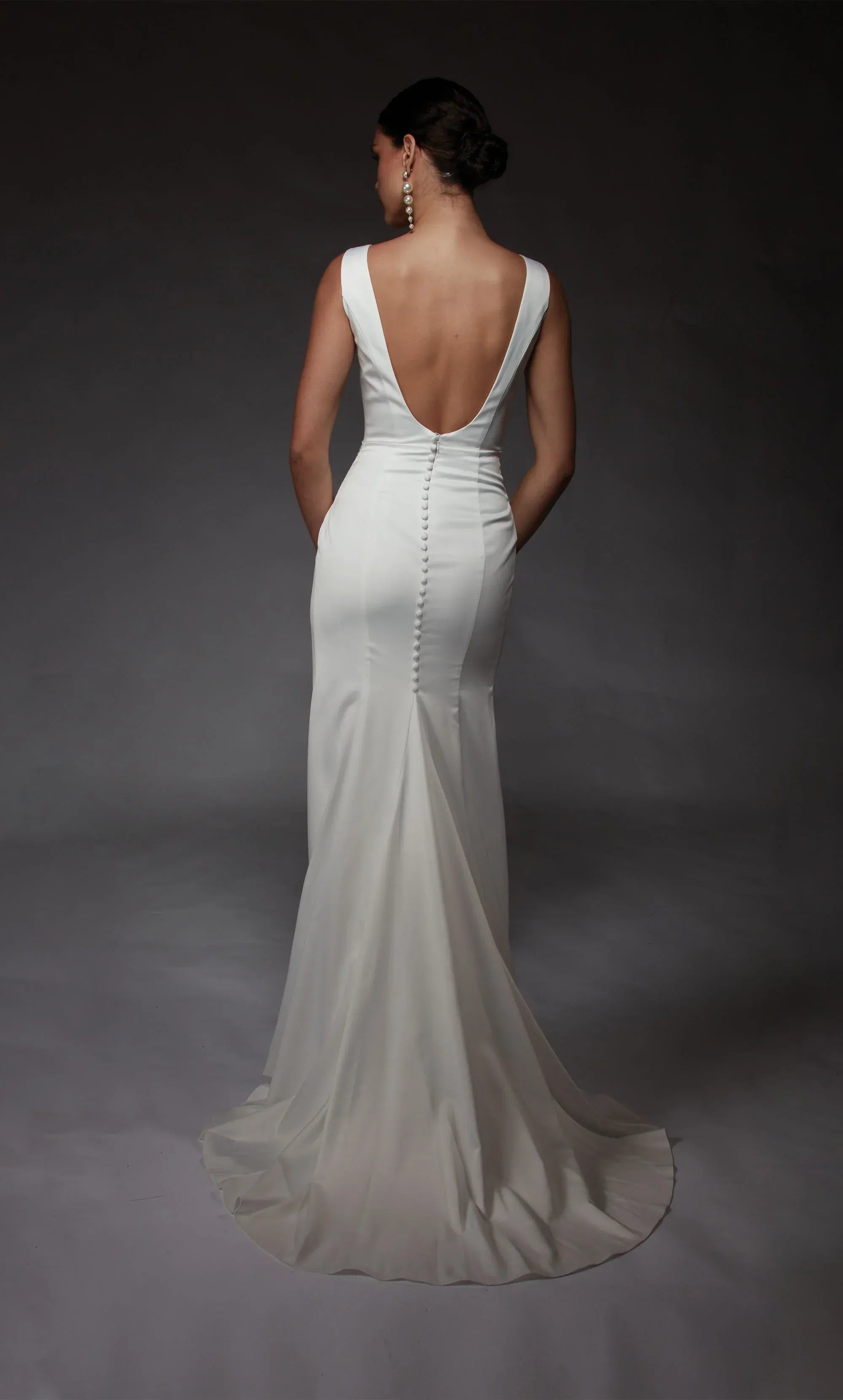 Modern Deep‑V Crepe Mermaid Draped‑High‑Slit Pearl‑Button‑Back Wedding Dress