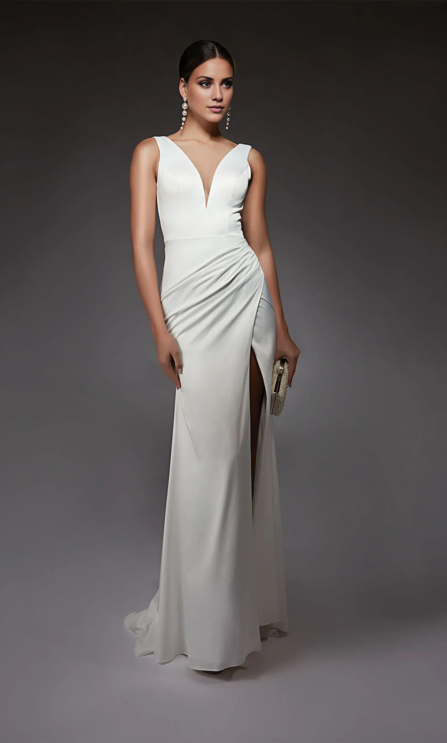 Modern Deep‑V Crepe Mermaid Draped‑High‑Slit Pearl‑Button‑Back Wedding Dress