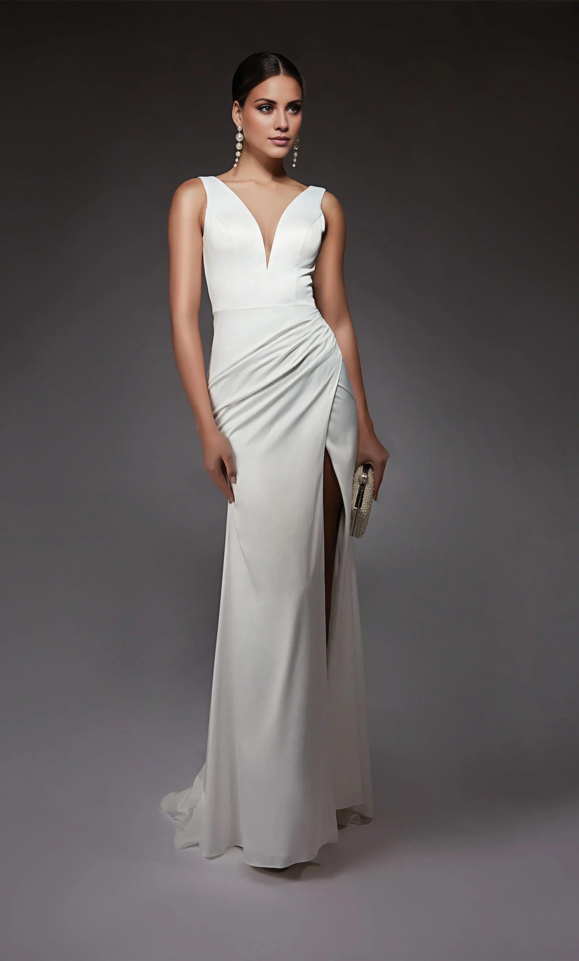 Modern Deep‑V Crepe Mermaid Draped‑High‑Slit Pearl‑Button‑Back Wedding Dress