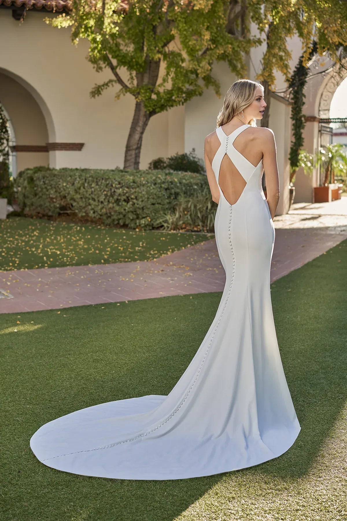 Modern High Neck Crepe Mermaid Crisscross Cutout Back Floor Garden Wedding Dress