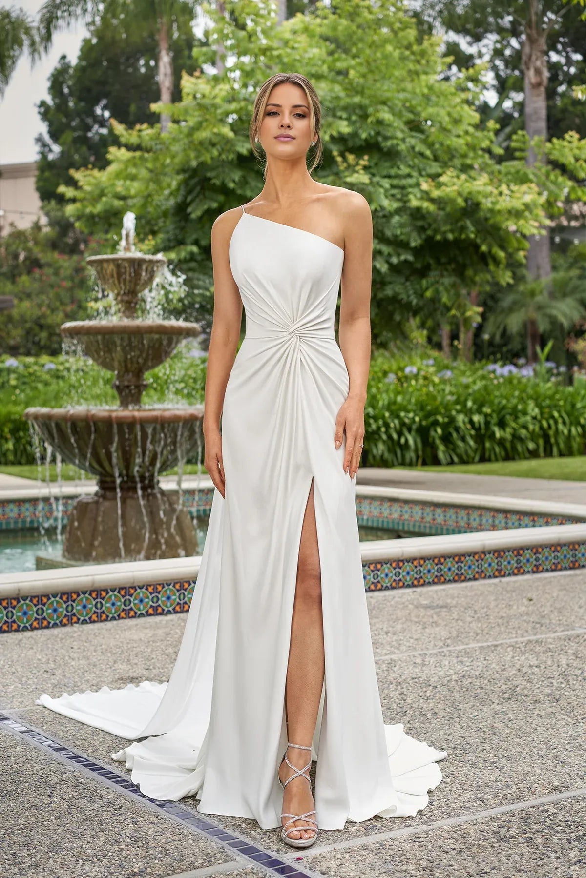 Modern One‑Shoulder Crepe Mermaid Twist‑Front Slit Cape‑Train Wedding Dress