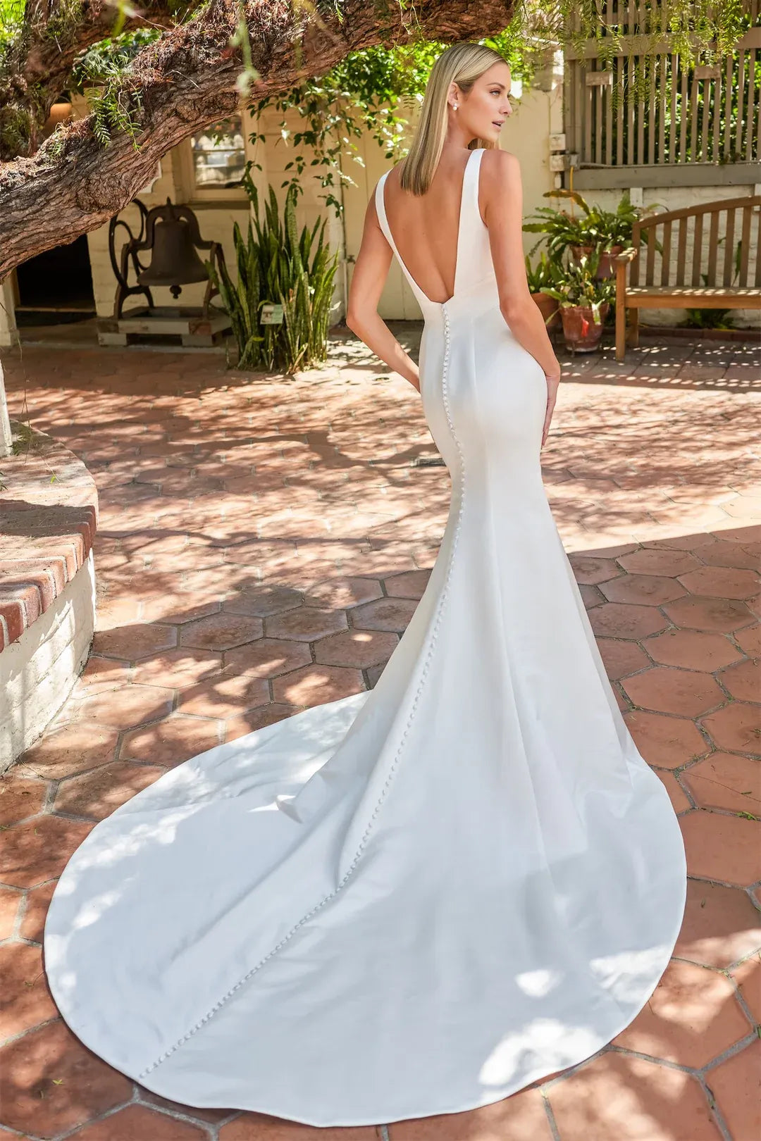 Modern Sleeveless Deep V Satin Mermaid Low Back Pearl Train Garden Wedding Dress