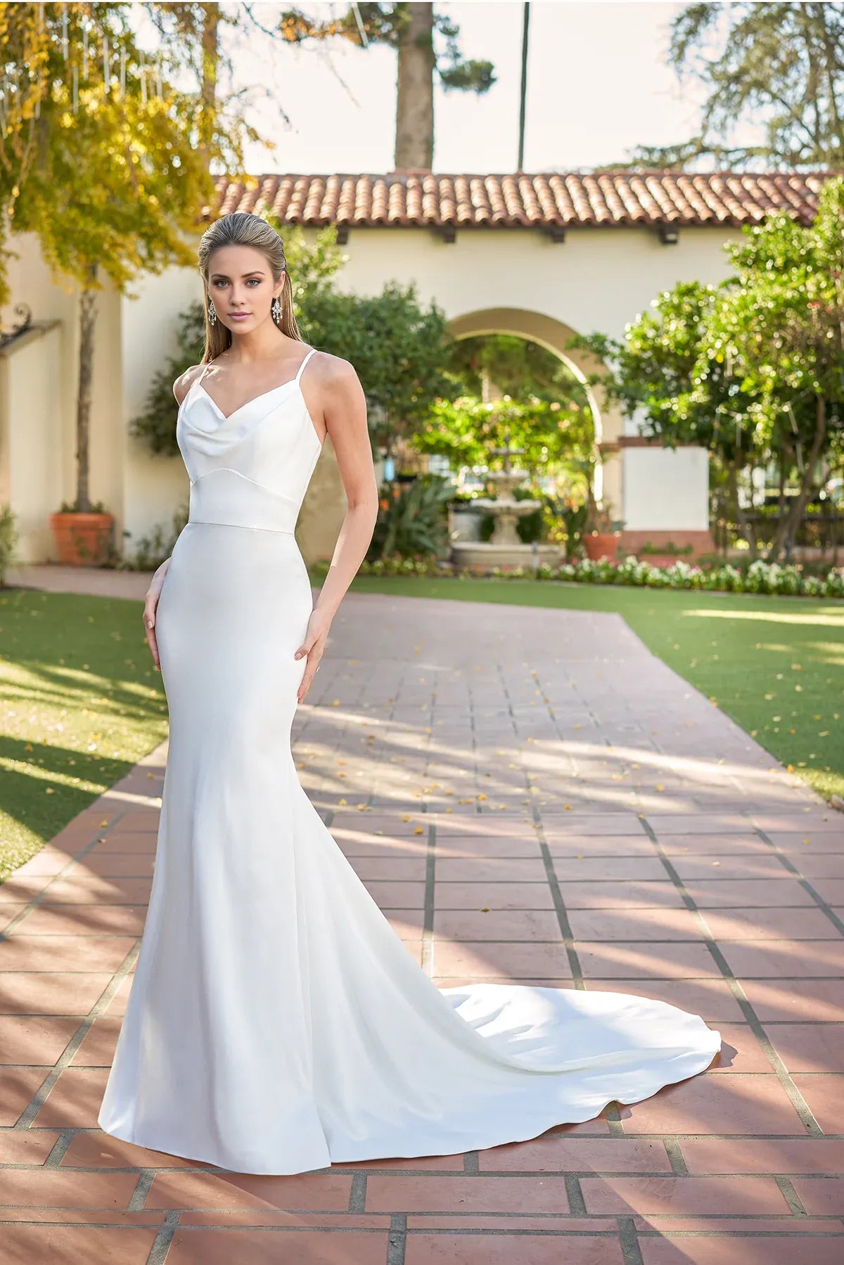 Modern Spaghetti Strap Cowl Neck Satin Mermaid Crisscross Back Floor Garden Wedding Dress