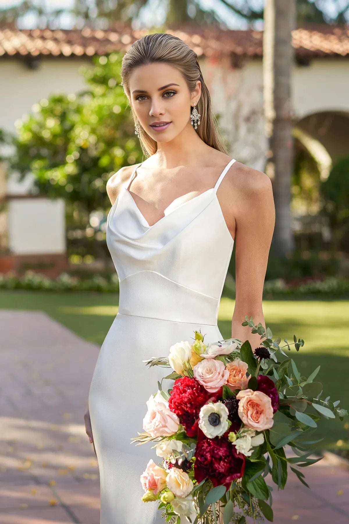 Modern Spaghetti Strap Cowl Neck Satin Mermaid Crisscross Back Floor Garden Wedding Dress