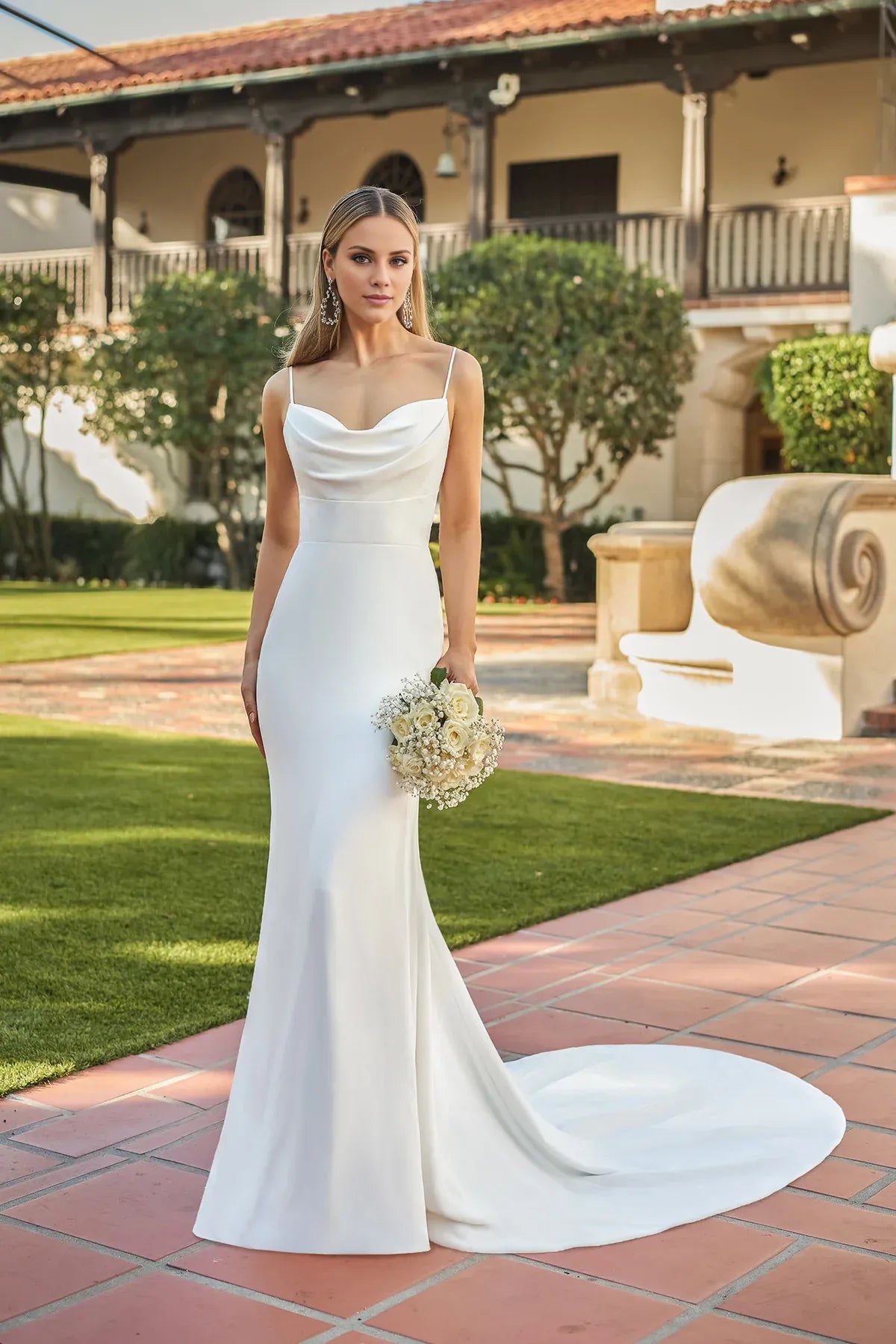 Modern Spaghetti Strap Crepe Mermaid Cowl Neck Tie‑Back Pearl Train Wedding Dress