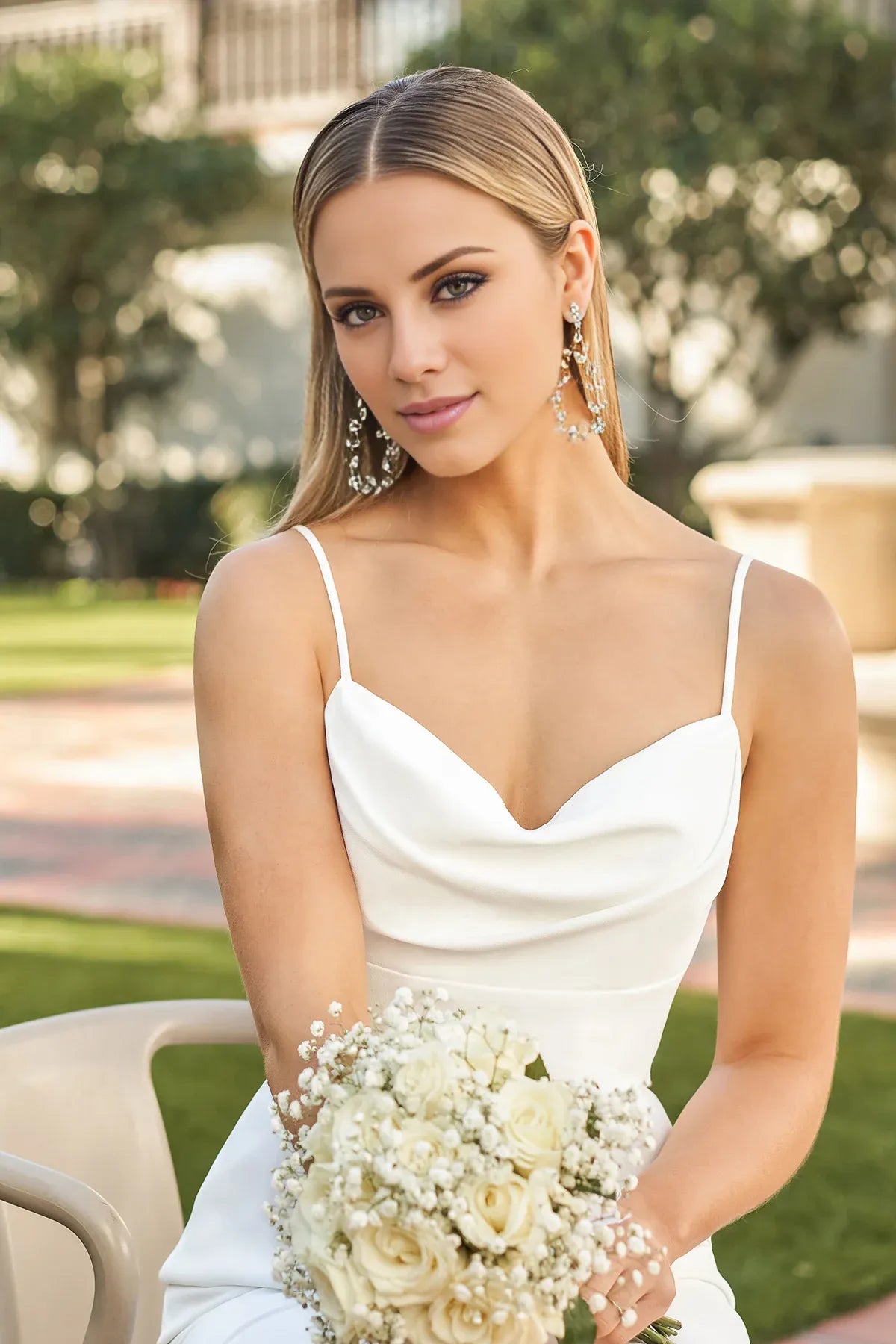Modern Spaghetti Strap Crepe Mermaid Cowl Neck Tie‑Back Pearl Train Wedding Dress