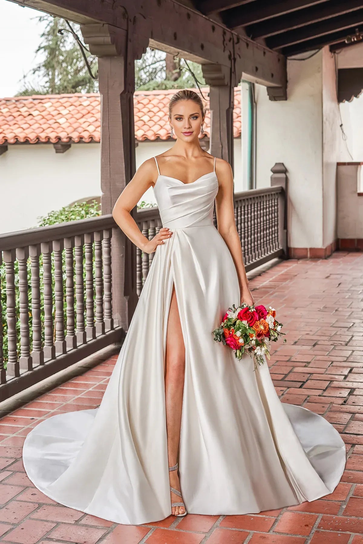 Modern Spaghetti Strap Draped Satin A‑Line Low Back Slit Pearl Train Garden Wedding Dress