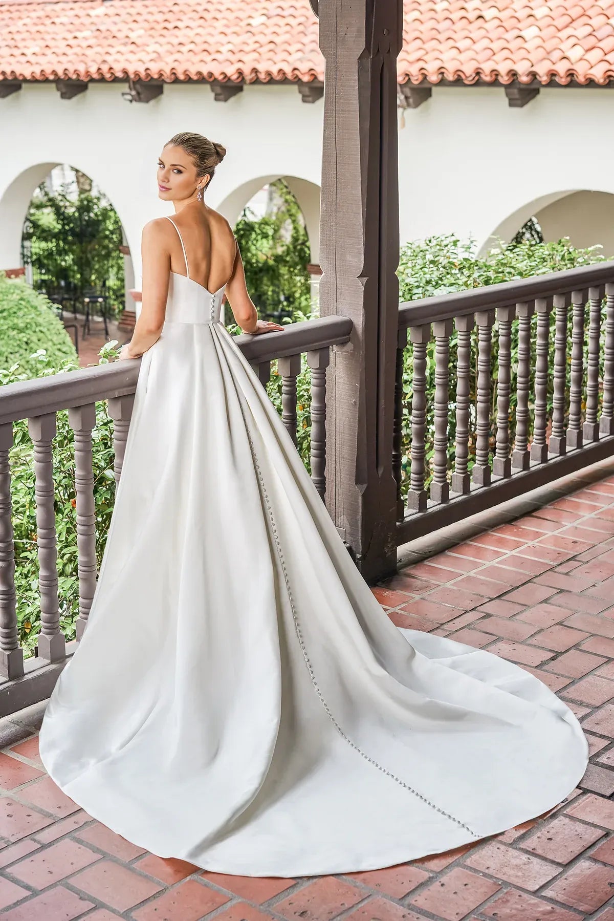Modern Spaghetti Strap Draped Satin A‑Line Low Back Slit Pearl Train Garden Wedding Dress