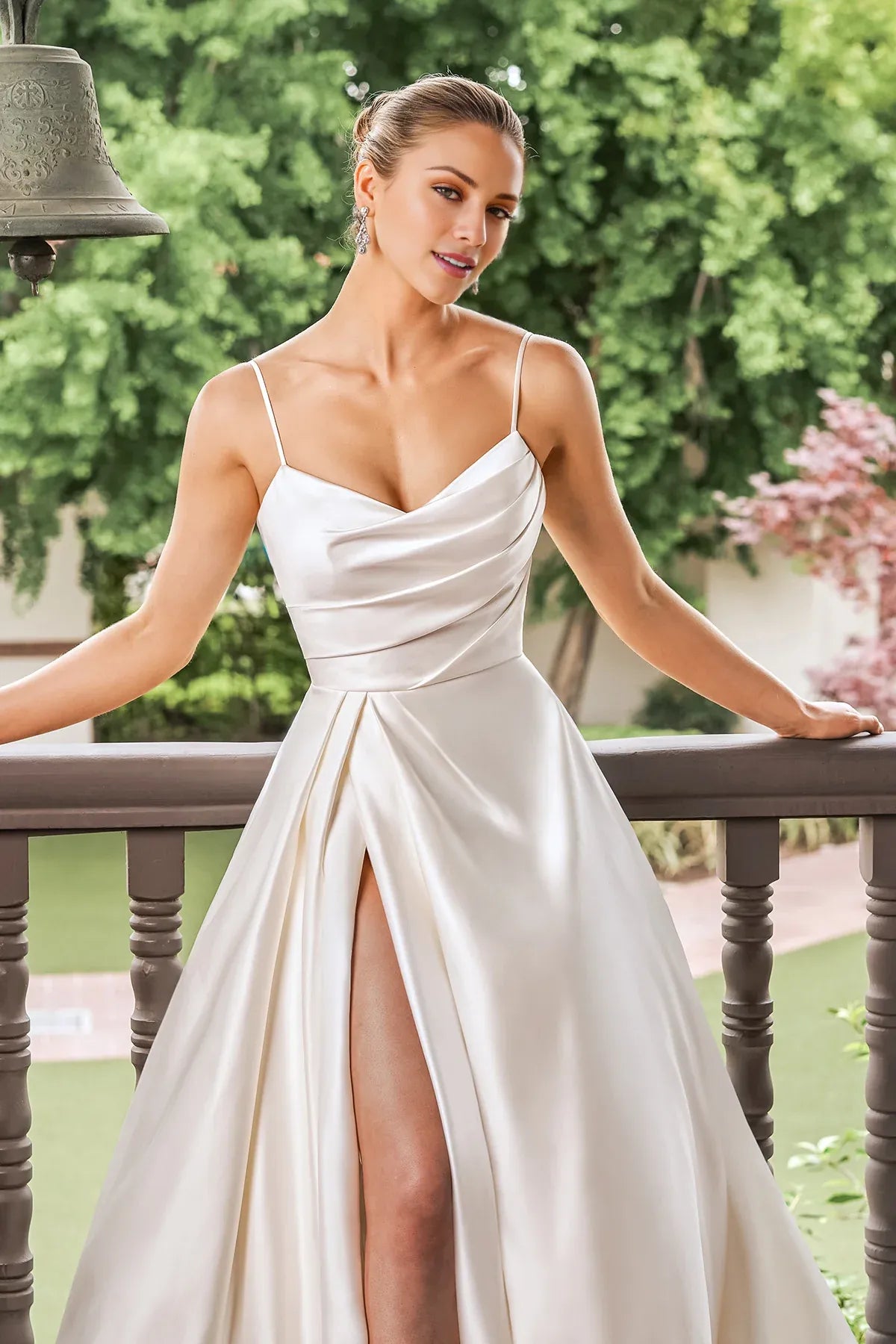 Modern Spaghetti Strap Draped Satin A‑Line Low Back Slit Pearl Train Garden Wedding Dress