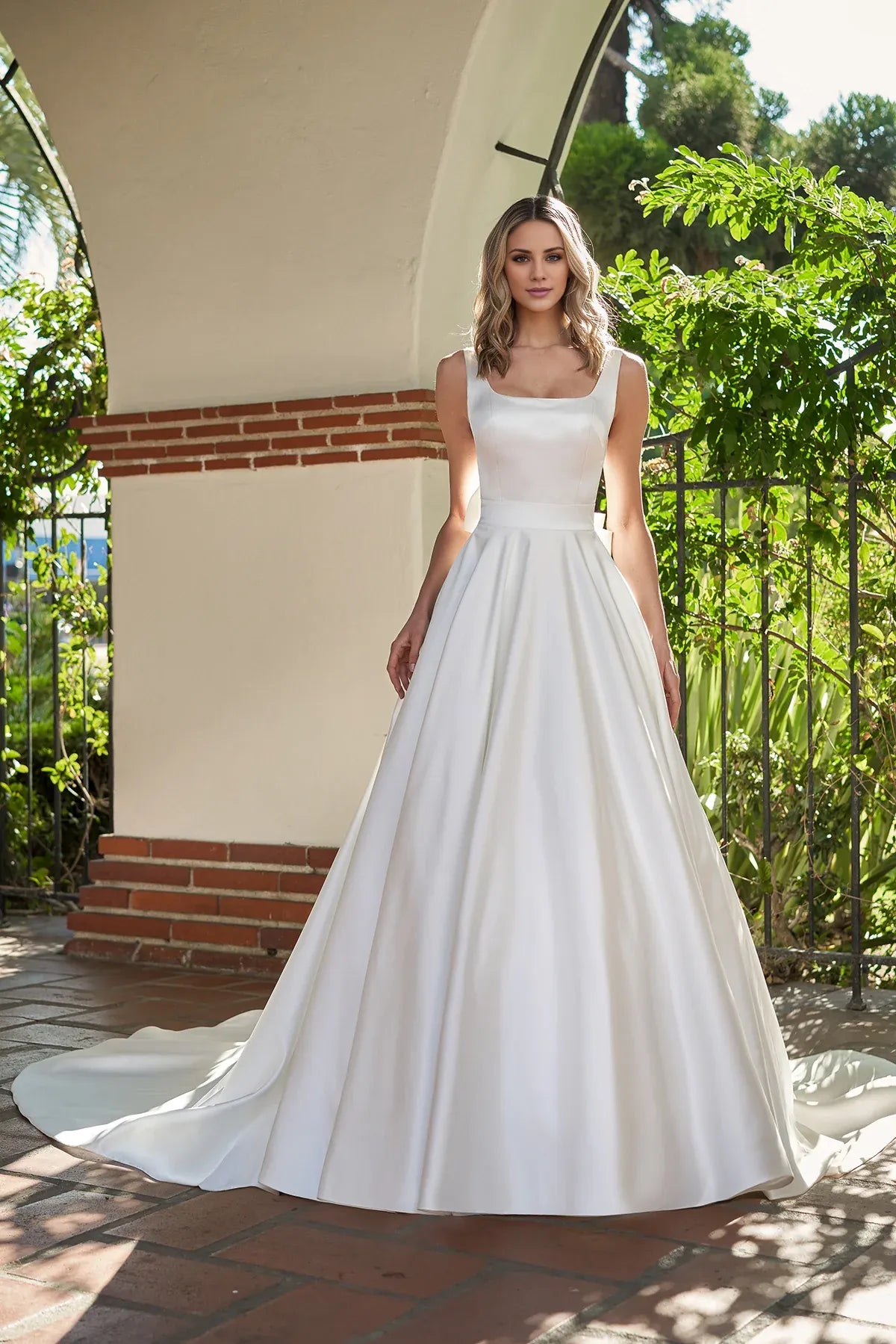Modern Square Neck Satin A‑Line Deep V Back Bow Floor Garden Wedding Dress