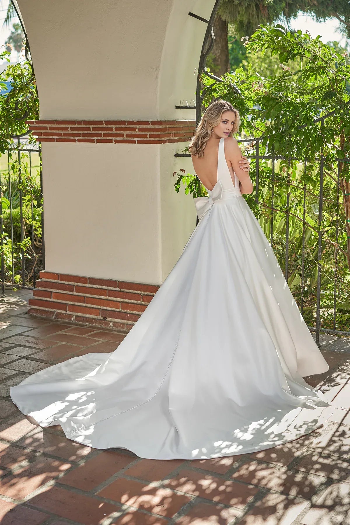 Modern Square Neck Satin A‑Line Deep V Back Bow Floor Garden Wedding Dress