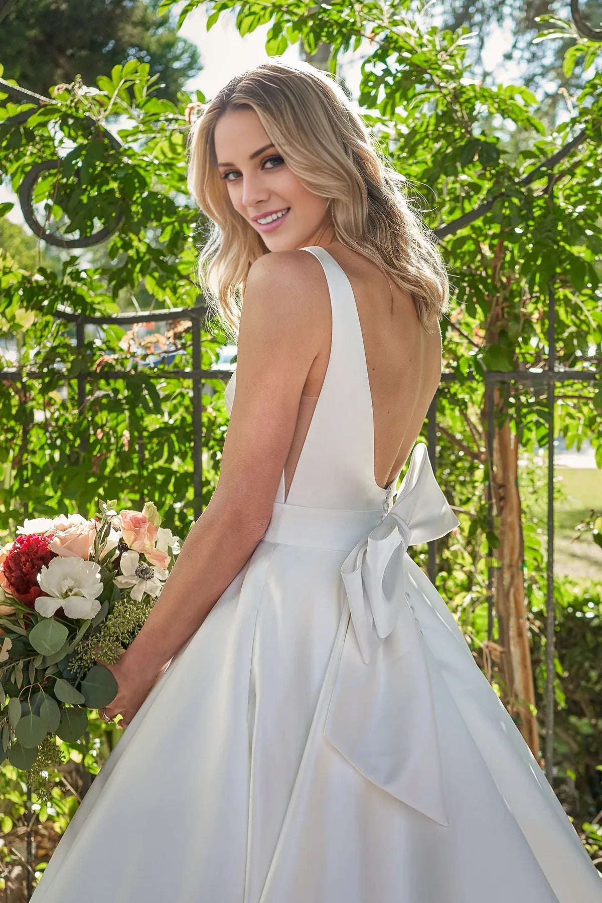 Modern Square Neck Satin A‑Line Deep V Back Bow Floor Garden Wedding Dress
